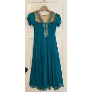 Pharmas A Line Dress Green Lined Midi Short Sleeve Illusion Neck MEDIUM